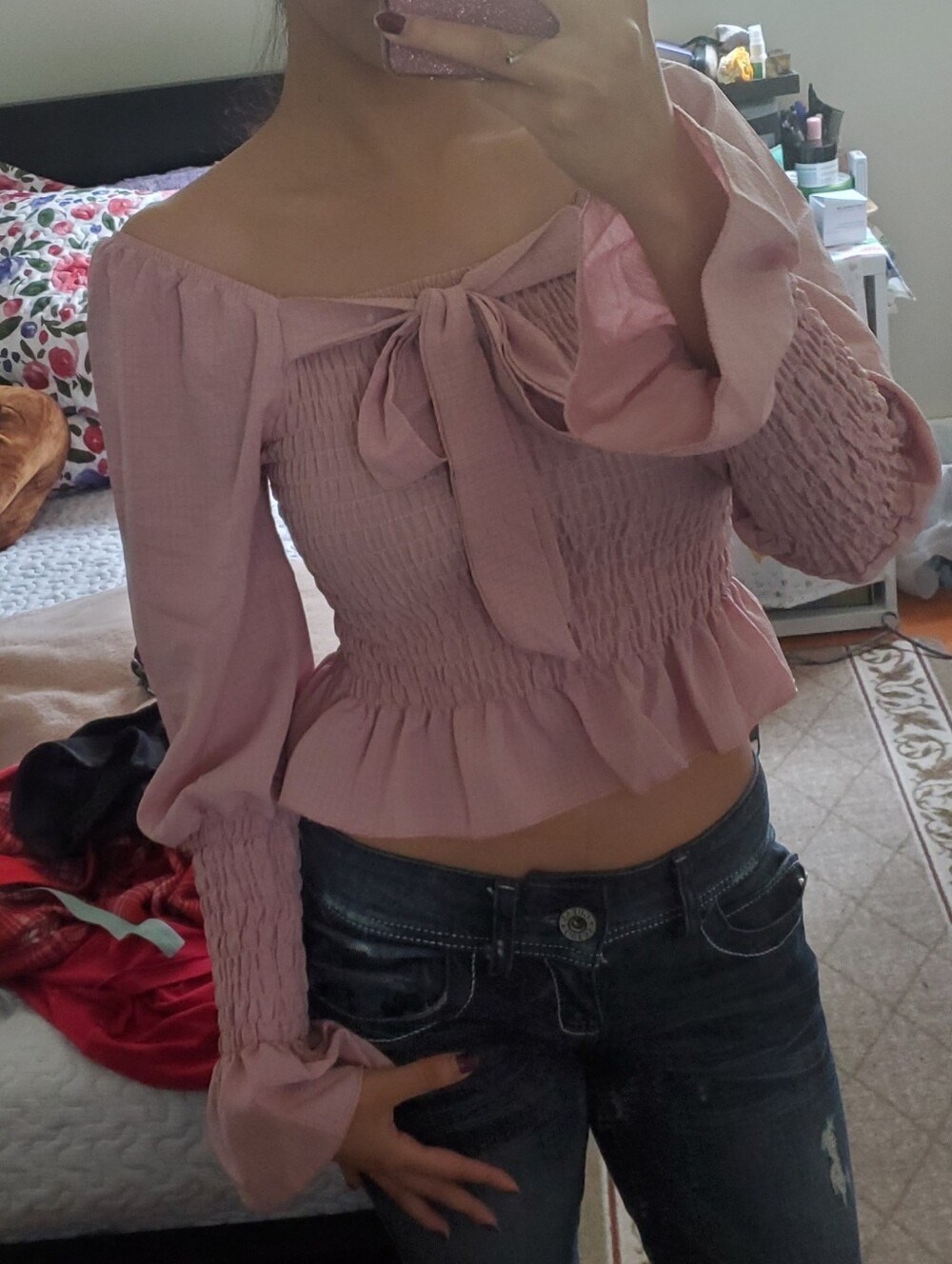 Off-Shoulder Tie-Front Top - Pink